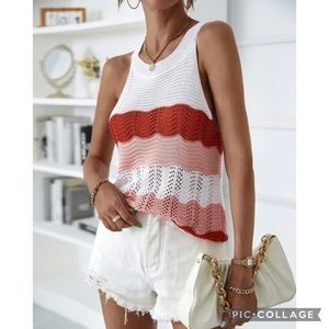 Boho Color Block Open Knit Pointelle Tank Top Size Medium